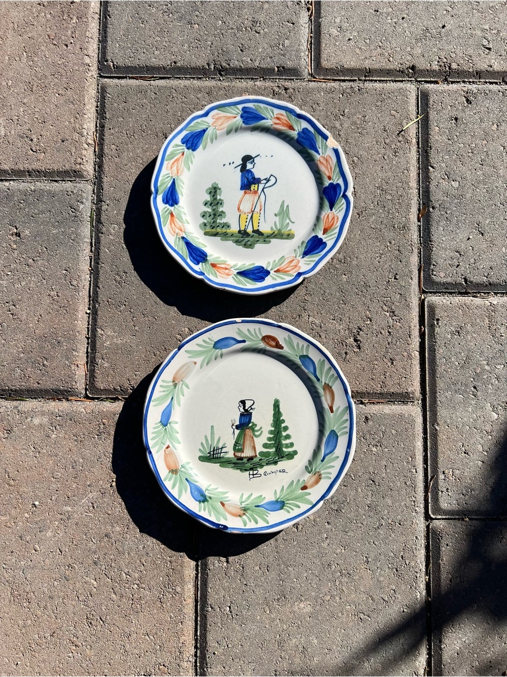 Pair of Vintage HB Quimper Plates Hand Painted French Faience 7 Inch